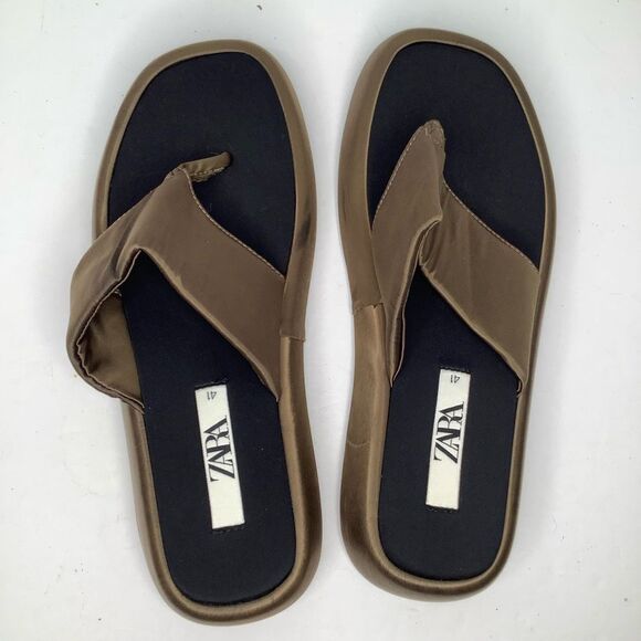 Zara Brown Satin Textile Low Platform Thong Flip Flop Women’s Sandals Sz 10.5 - Picture 8 of 10